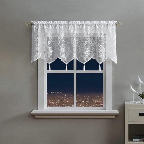 Stfery Rideau Court à Passant, Rideau Voilage Blanc Dentelle Motif Fleurs à Franges Champêtre Cuisine Porte, 230x45cm x 1Pcs