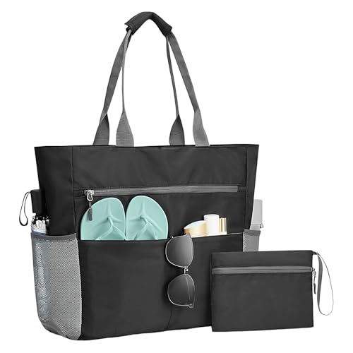 Wezalget Bolsa de playa | Bolsa grande para playa y camping con monedero, plegable impermeable con cremallera, para gimnasio, oficina, viajes y excursiones diarias, Negro, riferimento alla
