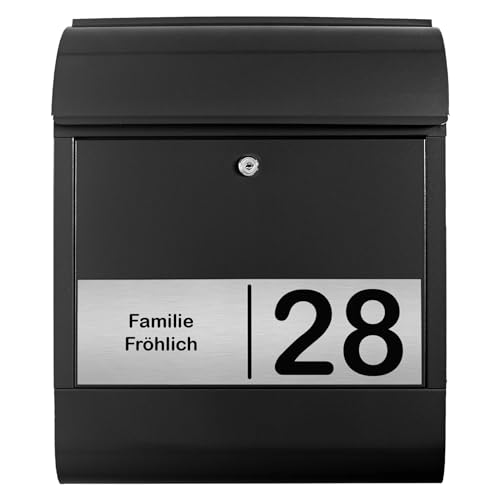 banjado Briefkasten personalisiert mit graviertem Namensschild in Edelstahl - Wandbriefkasten Schwarz - Postkasten mit Hausnummer, Namen & Motiv Gravur 2 - Briefkasten mit Zeitungsfach