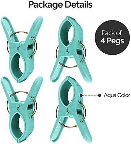 Beach Towel Clips for Sun Loungers - 4 Pcs Premium Plastic Jumbo Sunbed Towel Clips - Multipurpose Usage Pegs for Washing Line and Beach Towel Pegs for Towels, Quilts and Heavy Laundry  Aqua Blue