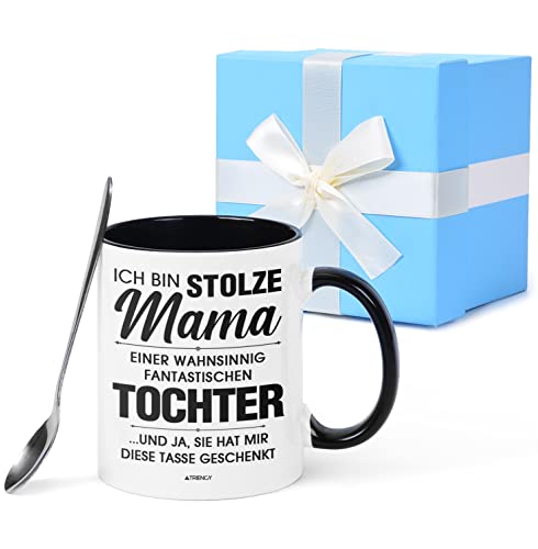 TRIENCY Taza de cerámica con cuchara «Ich bin Stolze Mama Del Hija», el mejor regalo para mamá en el día de la madre, cumpleaños, Navidad, color negro Cover