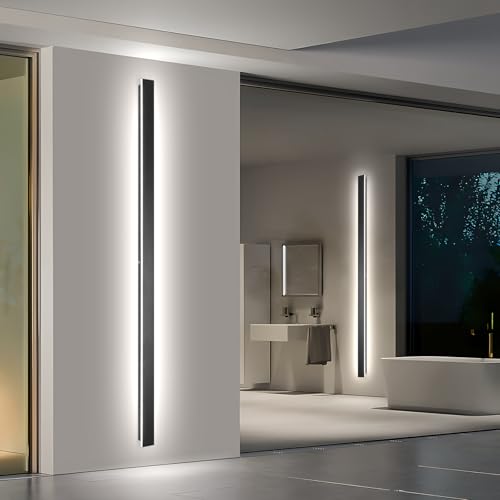 Image of AioTio Modern Outdoor Lights Fixture,2pack 92.5inch Exterior Porch Lights Fixture Wall Mount,Dimmable Rectangular Black Linear Long LED Outdoor Entrance Wall Sconce Lighting for Garage,Front Door