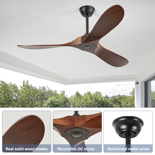 Image of 52'' Solid Real Wood Ceiling Fan no Light,DC Motor 6 Speeds Adjustable with Large Airflow,Outdoor Ceiling Fan Dark Walnut Finished for Garage,Gazebo,Living Room,Bedroom