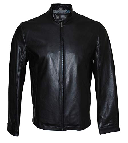Perry Ellis Men's Stand Collar Faux Leather Moto Jacket Black, S