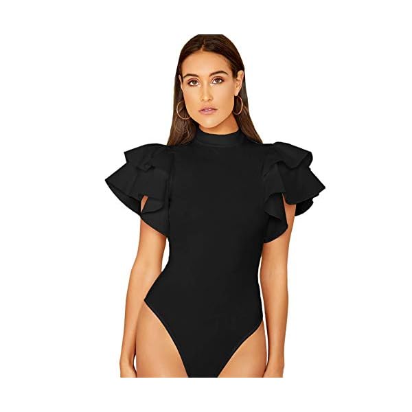 SOLY-HUX-Womens-Mock-Neck-Ruffle-Butterfly-Sleeve-Skinny-Bodysuit SOLY HUX Women's Mock Neck Ruffle Butterfly Sleeve Skinny Bodysuit Black M