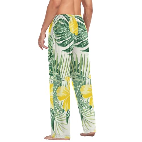 Men's Pajama Pants Yellow Hibiscus Palm Leaf Sleep Pajama Lounge Pant with Pockets, Elastic Waistband 5