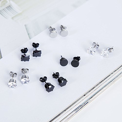 Funrun Jewelry 6 Pairs Stainless Steel Stud Earrings For Men Women Cz Round Earrings Black 7Mm #TOP4