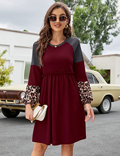 Missky Women Casual Tunic Dress Lantern Long Sleeve Color Block Dress Leopard Print Mini Dresses Wine Red Xxl #TOP1