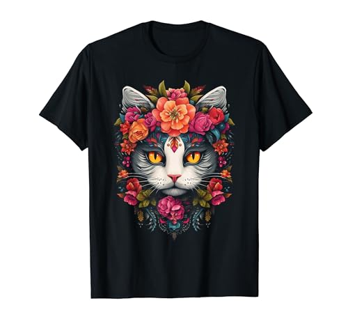 Floral Mexican Cat Day Of The Dead Dia De Muertos Women Maglietta