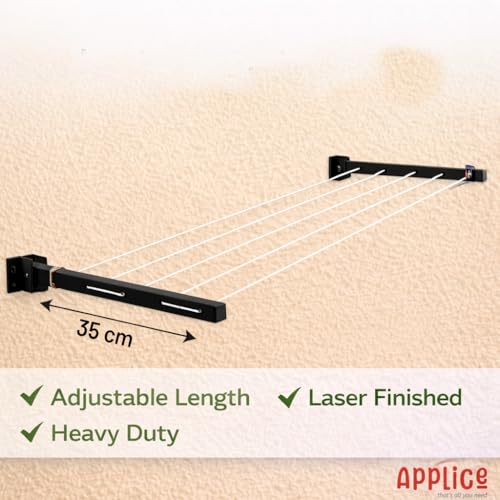 Image of APPLICE Metal Wall Mounted Foldable Cloth Drying Stand for Balcony - Heavy Duty 5 Layer (40 Feet Rope) | Wall Mount Cloth Drying Stand | Clothes Drying Hanger Stand (Black)