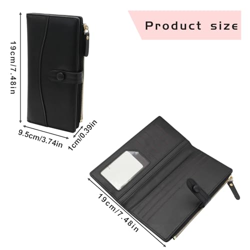 Women Wallet, Bifold Leather Clutch Wallet with Snap Zipper, Long Large Capacity Credit Card Wallet for Women (Black)2