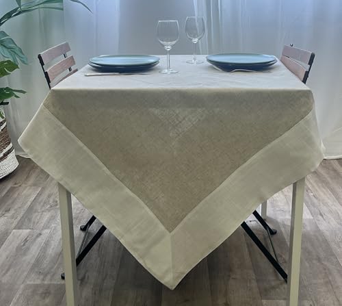 Autrefois Nappe Brodée Rectangulaire 160x250 cm avec 8 Serviettes Inclus, Nappe Lin métissé pour Salle à Manger, Cuisine, Jardin, Nappe Bicolor Ivoire Lin