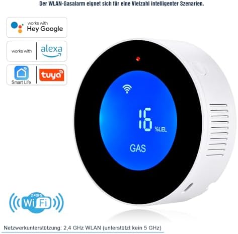  WLAN-Gasmelder für Haus, Küche und Wohn-mobile, trag-bar, Smart-App und Tuya-kompatibel mit 85-dB-Sprachalarm und visue