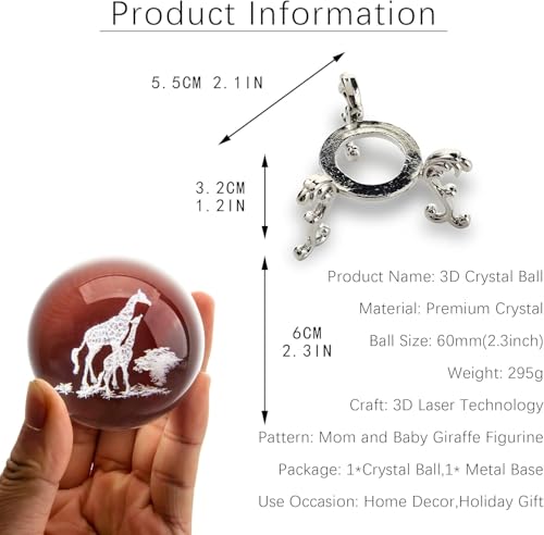 HDCRYSTALGIFTS 60mm 3D Laser Engraved Mom and Baby Giraffes Crystal Ball Paperweight Art Glass Giraffe Gifts