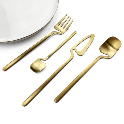 Image of Modern Stainless Steel Flatware Set - 4-Piece Unique Bent Handle Cutlery Set - Fork, Knife, Spoon & Teaspoon - Elegant Kitchen & Dining Silverware Set for Home & Restaurant (Gold)