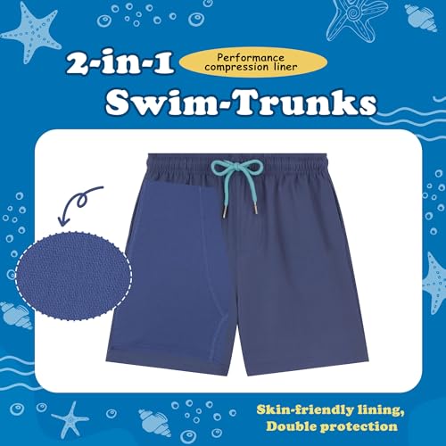 UMELOK Boys Swim Trunks with Compression Liner Toddler Stretch Swim Shorts Boxer Brief 2 in 1 Quick Dry Swimming Trunks Beach Shorts Navy Blue 82