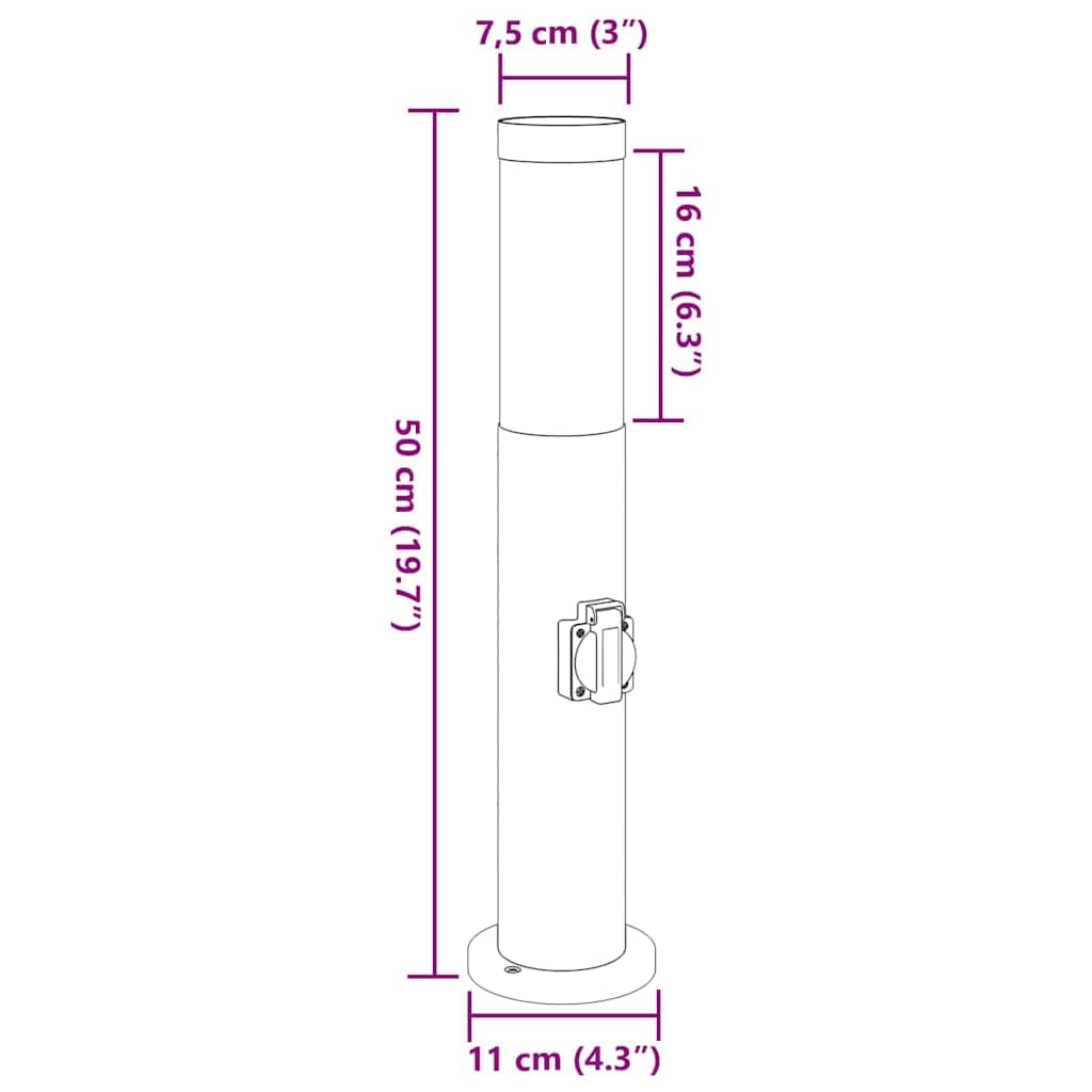 Lampa słupkowa ze stali nierdzewnej ze zintegrowanym gniazdkiem o wysokości 50 cm, stopień ochrony IP44, do użytku na zewnątrz, taras, ścieżki ogrodowe, oświetlenie i oświetlenie