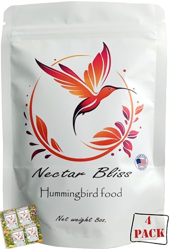Nectar Bliss Clear Hummingbird Nectar Powder 4 Pack Makes 128 oz 1 Gallon | All Natural Hummingbird Food Mix | Dye Free No Boil Instant Mix | Iron Free Made in USA | Just Add Water Feeder Refill