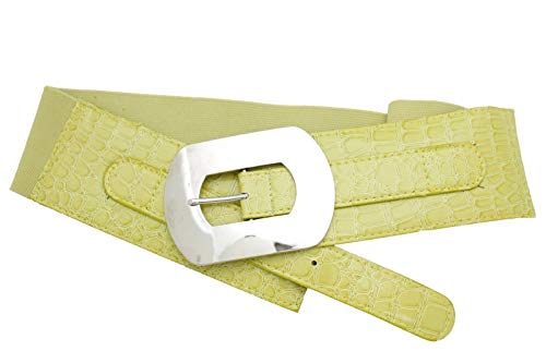Women Fashion Elastic Faux Leather Wide Belt Silver Metal Buckle M L Bright Apple Green4