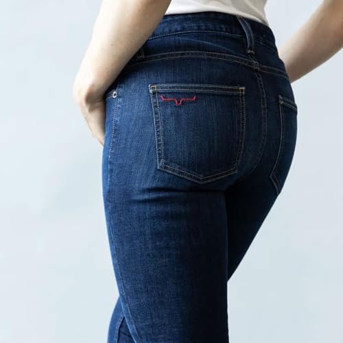 Kimes Ranch Women's Chloe Casual Western Mid-Rise Fitted Thigh & Flare Bootcut Blue Dark Wash Tri-Blend Denim Jeans3