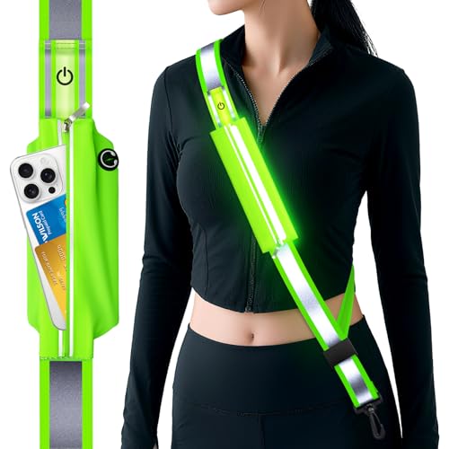 Samlior LED Reflektierende Gürtelschärpe, Reflektoren Gürtel mit wasserdichte Handytasche, Wiederaufladbare LED Licht Laufgürtel Sicherheitsausrüstung für Spazierengehen Laufen Radfahren (Grün)