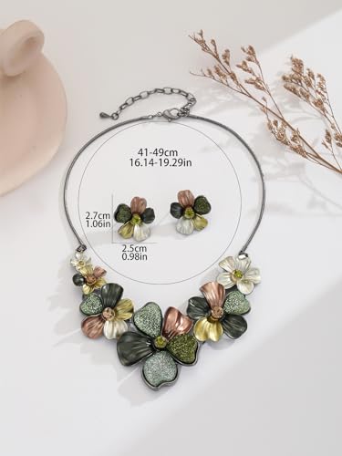 Chunky Statement Jewelry Set Vintage Retro Leaf Flower Floral Geometric Bohemian Boho Bib Necklace Earring Set Fashion Costume Jewelry for Women Girls Wedding Party Prom Unique Gift4