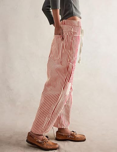 UAURORAO Women Striped Barrel Jeans Drawstring Patchwork Wide Leg Denim Cargo Pants Multi Pockets Y2k Baggy Trousers3
