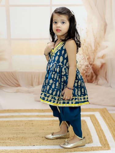 Image of BownBee Halter Neck Pure Cotton Fish Print Kurti with Harem for Girls- (Set of 1) Solid /Printed colorful full length fully stitched regular fit Ethnic wear dress for Kids