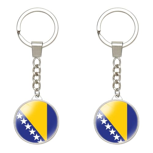 Porte-Clés Drapeau De Bosnie-Herzégovine Porte-Clés Rond Avec Pendentif En Verre - 2 Pièces Porte-Clés Drapeau Patriotique De Bosnie-Herzégovine, Porte-Clés De Voiture, Breloques De Sac, Souve
