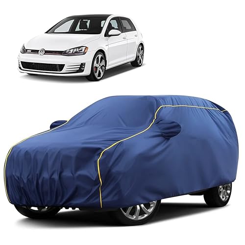 Image of Sulfar 100% Water Resistant Car Body Cover Compatible with Mirror for Volkswagen GTI (Triple Stitched, Full Bottom Elastic, Blue Taffeta with Yellow Piping)