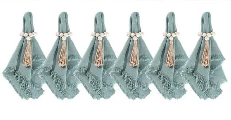 Boho Deko Tischdeko Set, für Hochzeitsdeko & Party Deko & Festival Deko | Tischläufer Grün & Modern, 6 Platzset Boho Gestrickte, 6 Stoffservietten Salbeigrün, 6 Serviettenringe Holz, 6 Set Tischdeko