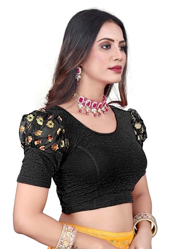 Image of Shreeji Designer Round Neck Cotton Lycra and Net Fabric Fully Stretchable Baloon Sleeve Designer Readymade Blouse for Women