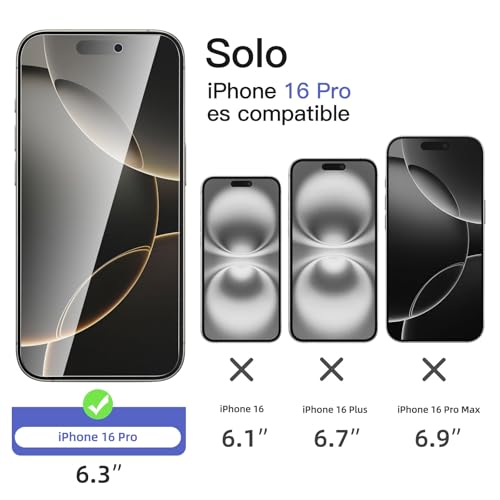 NEW'C 2 x Protector Pantalla privacidad para iPhone 16 Pro (6,3 Pulgadas) y 2 x Protector Pantalla Protector de Lente de Cámara - Cristal Templado - Herramienta de instalación fácil incluida - imagen 2