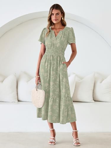Image of Simplee Womens Summer Boho Maxi Dress Semi Formal Wedding Guest Short Sleeve V Neck Empire Waist Floral Long Dresses