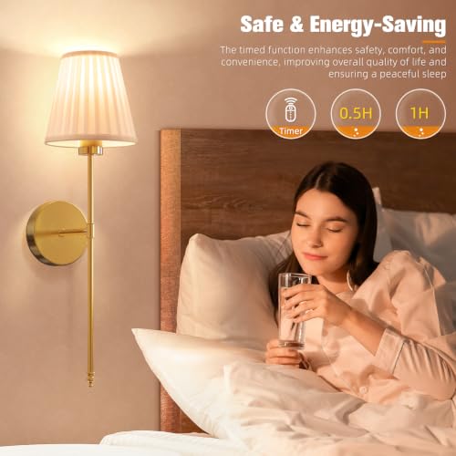 Image of NIORSUN Battery Operated Wall Sconce Set of 2,Beige-Gold Rechargeable Wall Lights with 10400mAh Dimmable Bulbs and Remote, 9 Colors Wireless Wall Lamps for Bedroom Living Room Hallway
