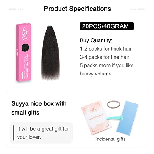Image of SUYYA Kinky Straight Tape In Hair Extensions Human Hair 14 Inch Jet Black