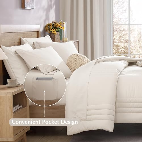Image of Full Size Comforter Set-7 Pieces White Soft Bed in a Bag Full Bedding Sets | Monbix All-Season Vertical Quilted Comforter with Sheets, Pillow Shams & Pillowcases