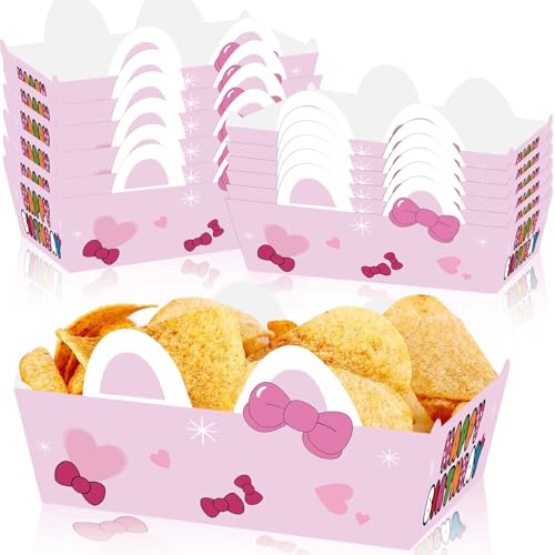 BTJiaDe 24PCS Cartoon Pink Cat-Themed Party Supplies Pink Bow Decorations Disposable Paper Food Trays Serving Trays