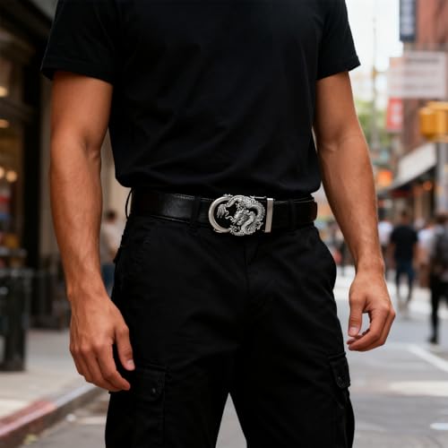 Image of Barry.Wang Ratchet Belt 3 Buckles Gift Set Mens Belts Grain Leather Automatic Buckle 1 3 /8 inch Father's Day Business Wedding