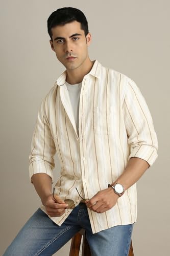 Image of Peter England Men's Linen Blend Shirt | Subtle Stripes | Full Sleeves