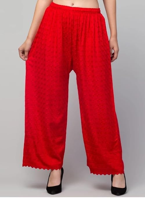 Image of Women's Palazzo Pants Rayon Trousers Chikankari Embroidered Lace Trim Wide Leg Straight Fit Flared Palazzo for Girls & Women