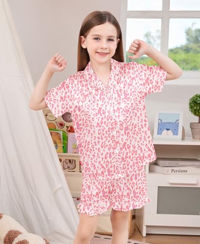 SWOMOG Girls Pajamas Silk Satin Pajama Set Short Sleeve Button Down Sleepwear Soft Cute PJs with Ruffle Shorts Loungewear4