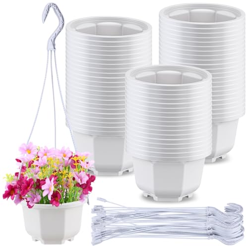 Roshtia 50 Pack 5.1 Inch Plastic Hanging Plant Pots with Hooks, Gray White