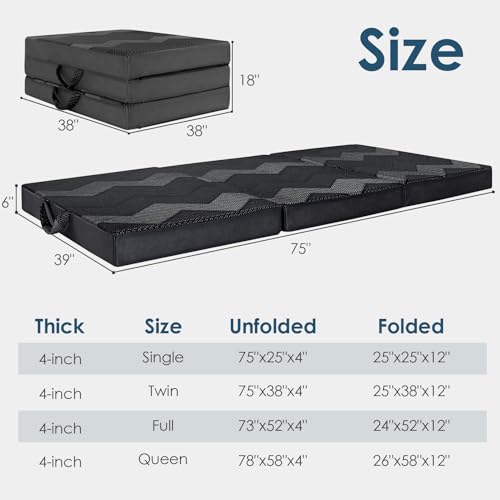 INGEROOM Trifold Mattress Single - Memory Foam 4 inch Foldable Mattress for Camping, with Portable Handle, Non-Slip Folding Floor Bed Sofa for Guest Travel, Washable Breathable Cover