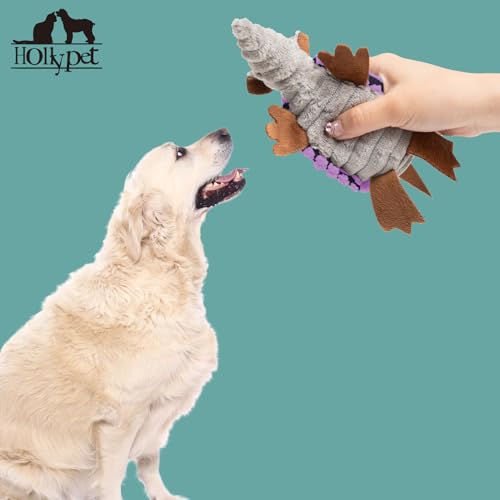 Image of Hollypet Plush Dog Squeaky Toy Stuffed Armadillo Animal Pet Puppy Chew Toys with Clean Teeth for Small Medium Large All Breed Sizes Dogs, Purple, 6 in