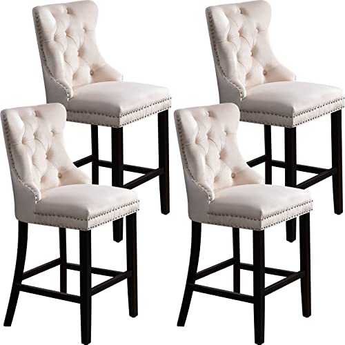 Nopurs Bar Stools Set Of 4 - Velvet Barstools, Tufted Counter Height Bar Stools For Kitchen Counter, Nailhead Trim Bar Chairs, Wood Legs, High Back, Soft Seat, Morden Island Chairs, 27.2Inch Beige #TOP10