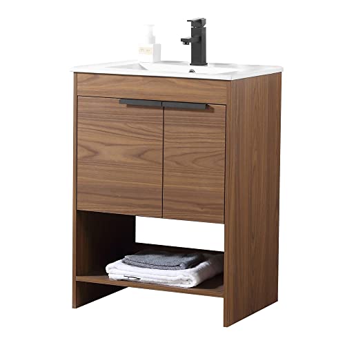 Fine Fixtures Phoenix 24 In. W X 18.5 In. D X 33.5 In. H Bathroom Vanity In Walnut With White Ceramic Sink [Full Assembly Required] #TOP23