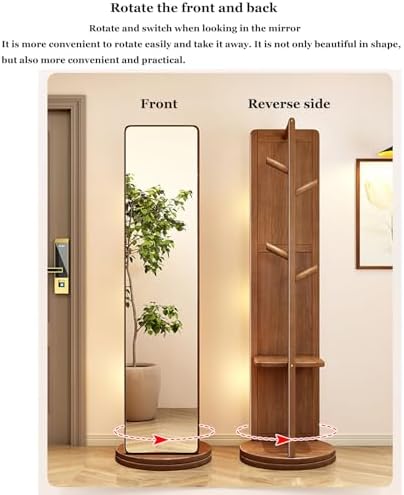 Solid Wood Full Length Mirror, 360° Rotating Coat Rack, Floor Mirror with Storage Shelves & Hanger, HD Anti-Distortion Glass, Ideal for Bedroom & Cloakroom Decor
