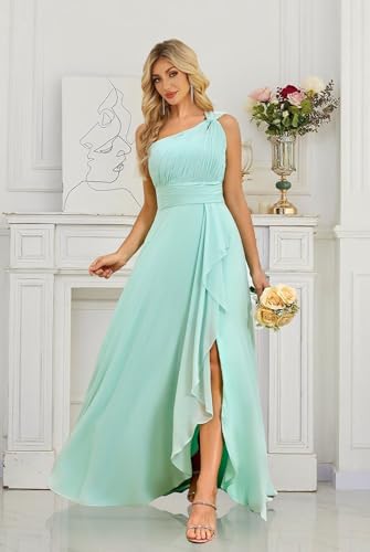 Chiffon One Shoulder Bridesmaid Dresses with Slit Sleeveless Floor Length Formal Dress for Women3