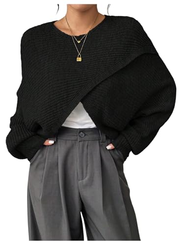 Verdusa Women's Lightweight Asymmetrical Wrap Sweater Tops Old Money Puff Sleeve Cropped Sweaters Coat Black Medium